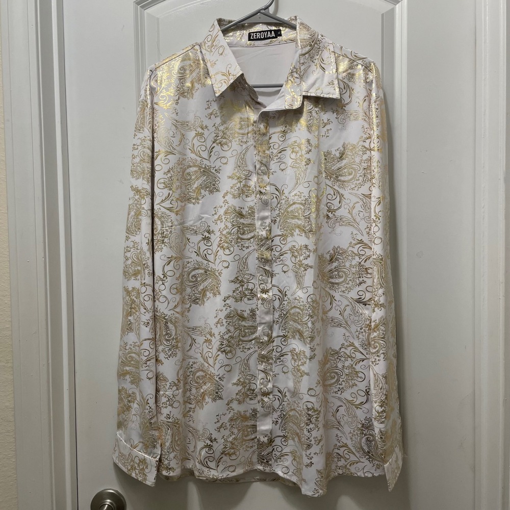 ZEROYAA Mens Gold Paisley Print Long Sleeve Button Down Shirt XL